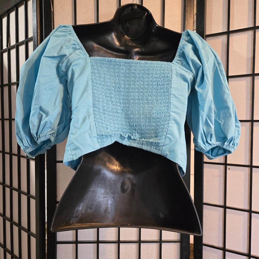 Abercrombie & Fitch Light Blue Pleated Puff Sleeve Smocked Crop Top Small - Picture 7 of 12